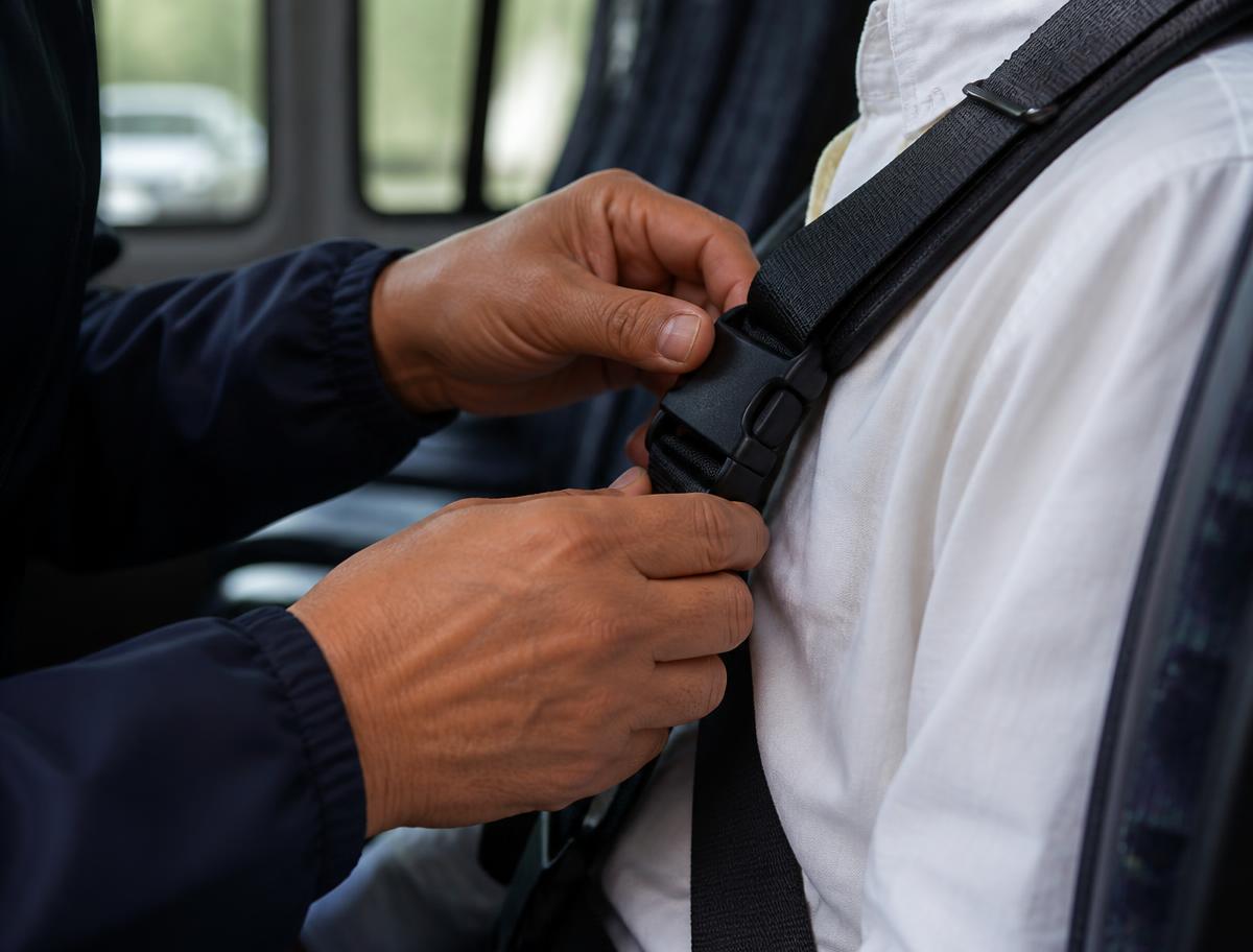 A passenger assistant helping to fasten a passenger's harness inside a minibus