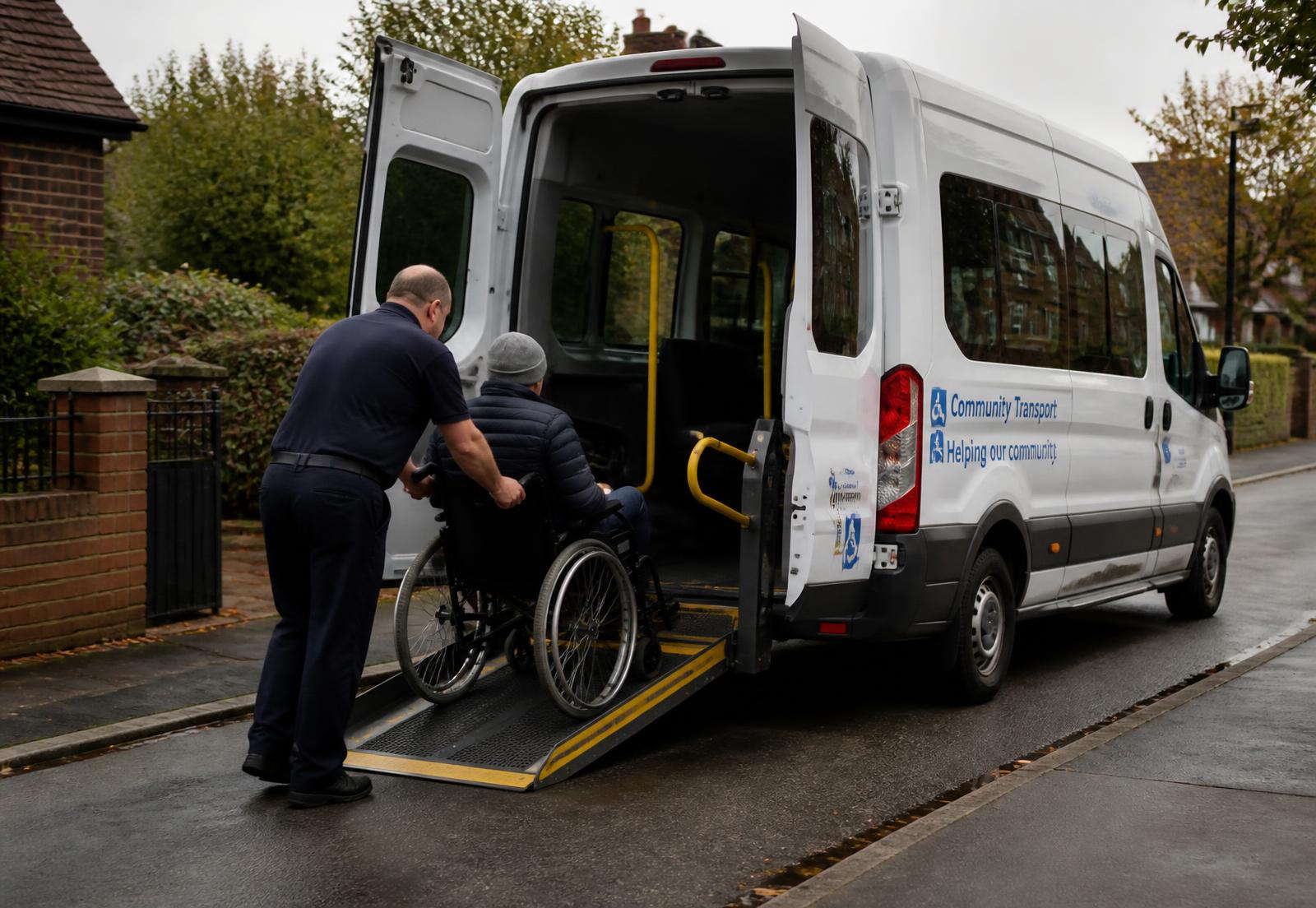 A driver assisting a wheelchair user up the rear ramp of an accessible minibus on a residential street